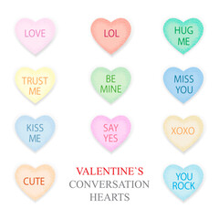 Valentines conversation hearts candy set on white. Valentines Day lettering decor. 