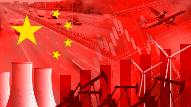 China's Economic Growth. Sustainable Energy Generation And Heavy Industry. Energy And Power With China Flag.