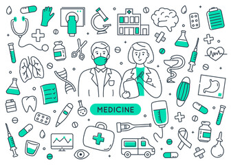 Medicine doodle elements set isolated.