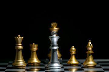 Silver king chess leadership concept, Business idea chess board success with background. 