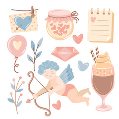 Valentine's day symbols collection, pastel colors on whine background