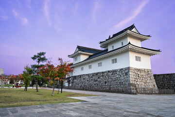 Toyama Castle with twilight sky in the evening of Toyama City, Japan.