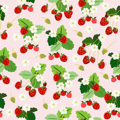 Seamless pattern with strawberries and white flowers