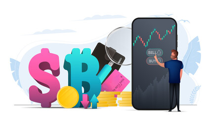 A man buys a dollar or bitcoin. Stock market investment trading concept. Candlestick chart. Vector illustration.