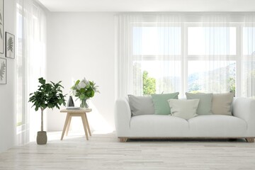 Fototapeta premium White living room with sofa. Scandinavian interior design. 3D illustration