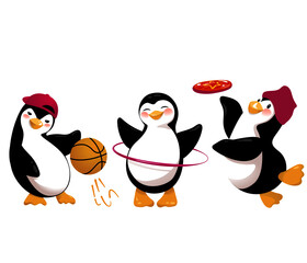 Cartoon penguin doing sports outside. Vector Illustration isolated on white background.