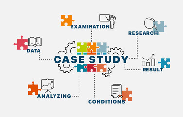 Case study concept. Infographics. Chart with keywords and icons. Case study vector illustration.