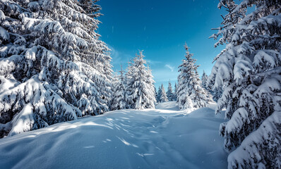 Splendid Alpine scenery in winter. Fantastic frosty morning in forest. snow-cowered pine trees under sunlight. Fantastic mountain highland.  Amazing winter background. Wonderful Christmas Scene.