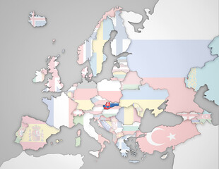 3D Europakarte auf die Slowakei hervorgehoben wird und die restlichen Flaggen transparent sind