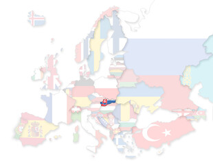 3D Europakarte auf die Slowakei hervorgehoben wird und die restlichen Flaggen transparent sind