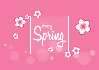Happy Spring greeting card with pink cherry blossom flowers vector. Spring floral background with pink sakura flowers vector. Happy Spring inscription illustration
