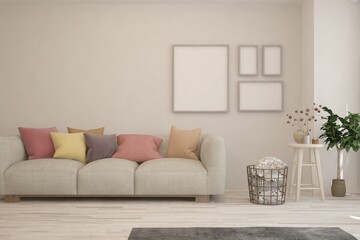 White living room with sofa. Scandinavian interior design. 3D illustration