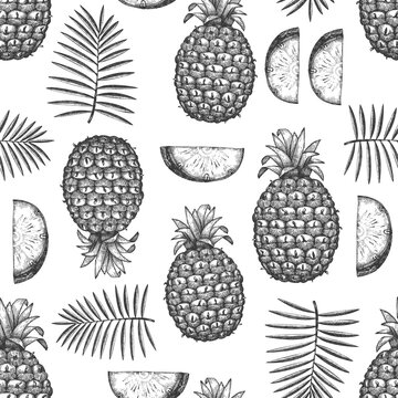 Hand drawn sketch style pineapple seamless pattern. Organic fresh fruit vector illustration on white background. Engraved style botanical design.