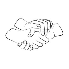 Outline Three hands are intertwined together. A symbol of unity, friendship. Drawing by black line hand in hand. Simple, minimal art. Black and white linear. vector