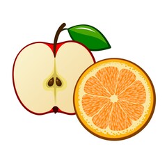 Cut apple and orange on a white background. Vector illustration.