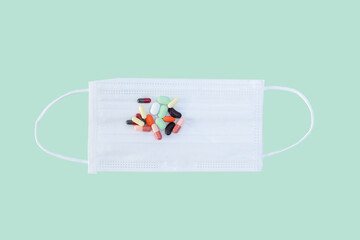 Anti-coronavirus drugs put on a white mask, medicine and drug concept.