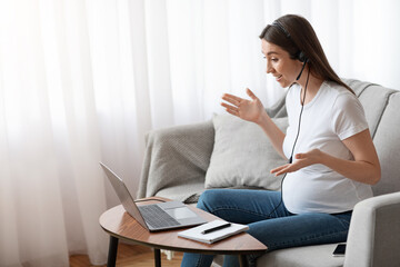 Remote Work. Happy Pregnant Female Tutor Making Online Video Lesson With Laptop