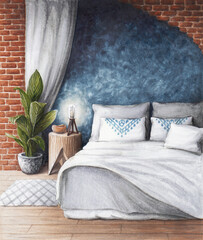 interior sketch stylish bedroom design with a blue wall and old brick design project of a cozy loft style