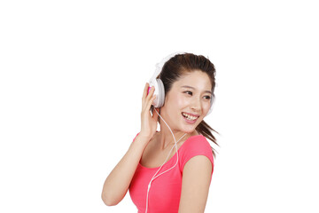 Naklejka premium Young woman in pink dress with headset