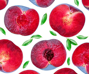 Plum fruits isolated on white background. Fresh Plum Pattern with green leaves. Summer Creative layout  Top view.