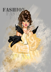 Fashion illustration. Young woman in evening dress