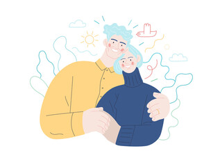 Medical insurance illustration -senior citizen health plan -modern flat vector concept digital illustration of a happy elderly embracing couple, medical insurance plan