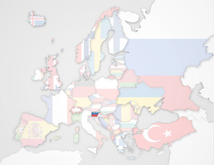 3D Europakarte auf der Slowenien hervorgehoben wird und die restlichen Flaggen transparent sind