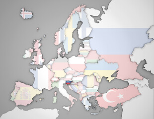 3D Europakarte auf der Slowenien hervorgehoben wird und die restlichen Flaggen transparent sind