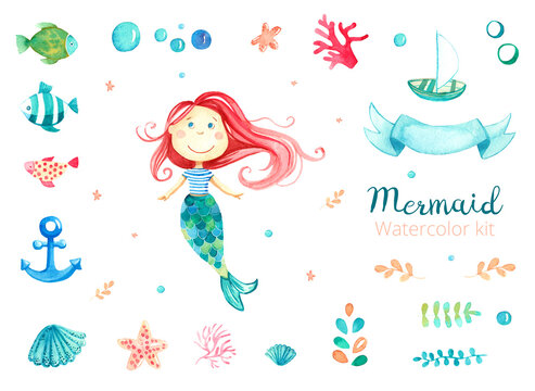 Watercolor ocean kit. Cute cartoon painted illustration. Red hair mermaid. Watercolor clip art for pattern, postcard design. Isolated on a white background.