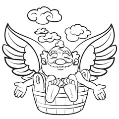man sitting in a wooden basin and enjoying a bath, coloring book, cartoon illustration, isolated object on white background, vector,