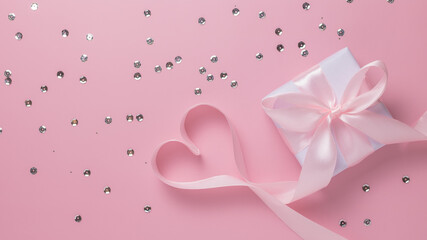 Gift box, heart shaped ribbon and shiny confetti on a pink background.