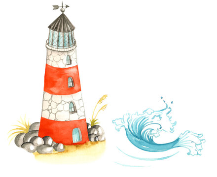Watercolor lighthouse with stones and waves. Painted, isolated on a white background.