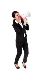 A young Business woman holding a speaker 