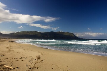 evocative image of a sandy beach with a sea of many colors and clear skies