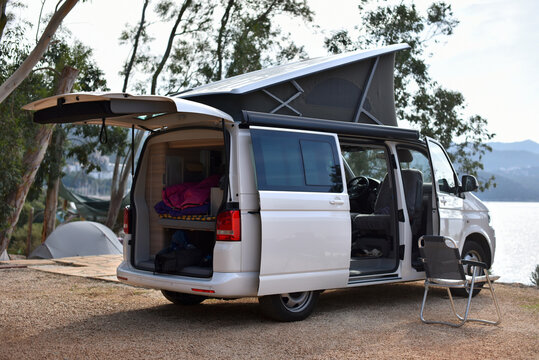 caravan van is stand in camping on sea coast