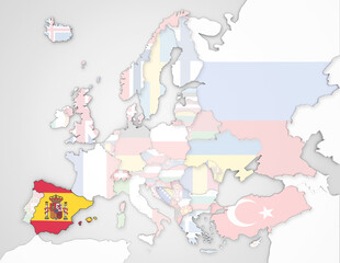 3D Europakarte auf der Spanien hervorgehoben wird und die restlichen Flaggen transparent sind