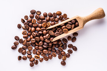 aromatic fresh coffee beans on a white acrylic background