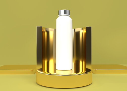 3D Rendering Of Abstract Scene Gold Geometry Shape Podium For Bottle Product Display