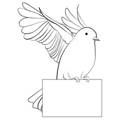 Easter greeting card concept. Line art dove with sheet of paper vector monochrome illustration, black and white sign isolated on white background. Flying bird.
