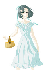 Arrogant girl, used blue white dress, carry a bag, and blue dark short hair