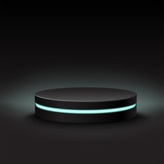3d realistic vector black round mock up stage with neon light on dark background. 