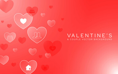 Valentine’s and couple icon. Vector artwork on red gradient background for poster, artwork or banner.