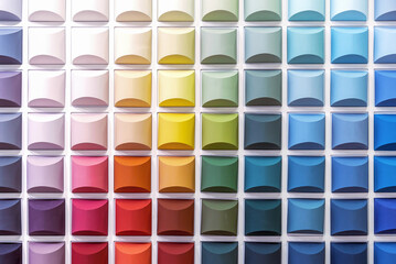 Multicolored squares with 3d effect on a white background. Samples of interior paints in the form of volumetric colored cubes.