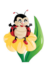 A happy little black red ladybug on the yellow flower, design animal cartoon vector illustration