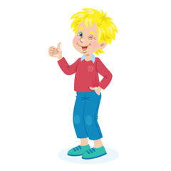 Funny little boy showing positive gesture. Thumb up. In cartoon style. Isolated on white background. Vector flat illustration.