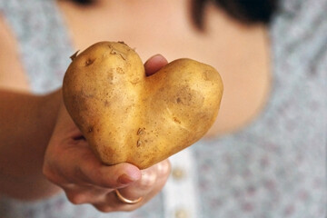 A woman's hand holding a heart shaped potato