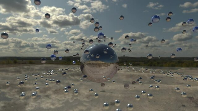 3d rendered crystal balls rotating in a desert setting