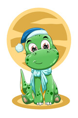 A little cute green dinosaur wearing blue hat vector illustration