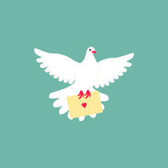 The dove delivers a love message. A dove flies in the clouds with a letter in its paws. Valentine's day symbol - love message. Flat vector illustration.