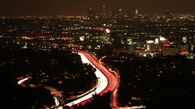 Los Angeles Night View Time Lapse Traffic Hollywood Bowl Overlook